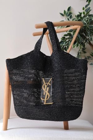 YSL Icare Maxi Cassandre crochet raffia tote bag