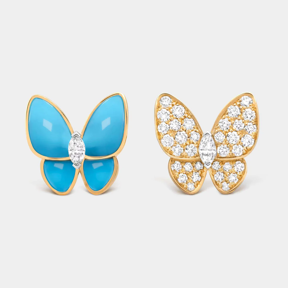 VAN CLEEF & ARPELS Two Butterfly Earrings Gold Diamond Turquoise