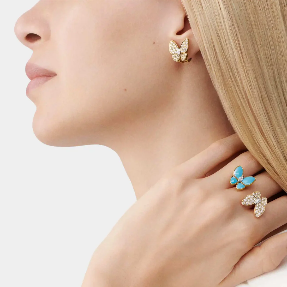 VAN CLEEF & ARPELS Two Butterfly Earrings Gold Diamond Turquoise - Image 2