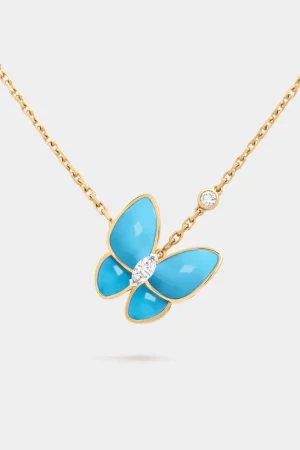 VAN CLEEF & ARPELS Two Butterfly Pendant in Yellow Gold Diamond & Turquoise